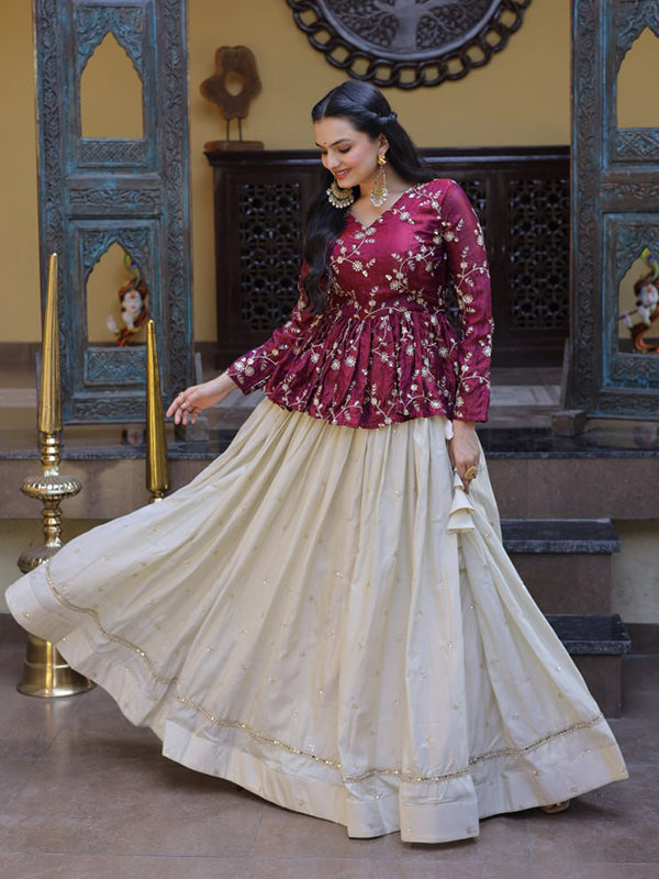Wine Zari Embroidered Work Peplum Top With Off-White Cosmos Lehenga