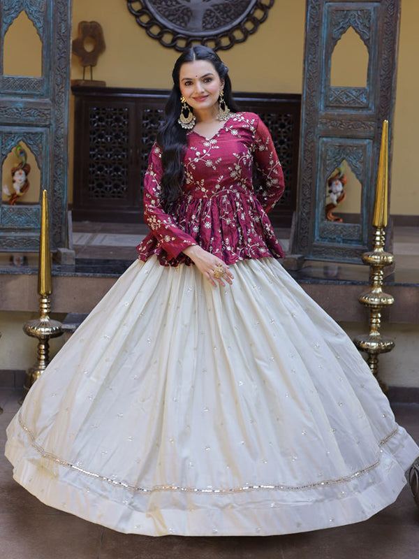 Wine Zari Embroidered Work Peplum Top With Off-White Cosmos Lehenga