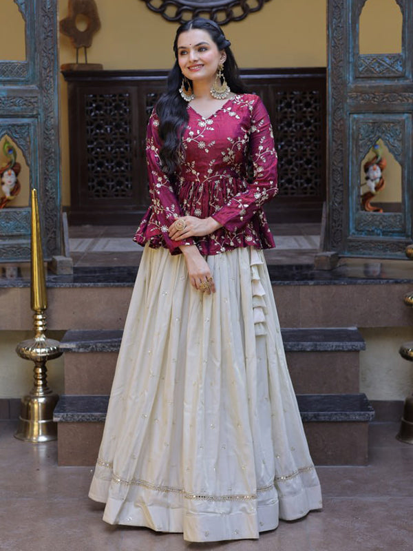Wine Zari Embroidered Work Peplum Top With Off-White Cosmos Lehenga