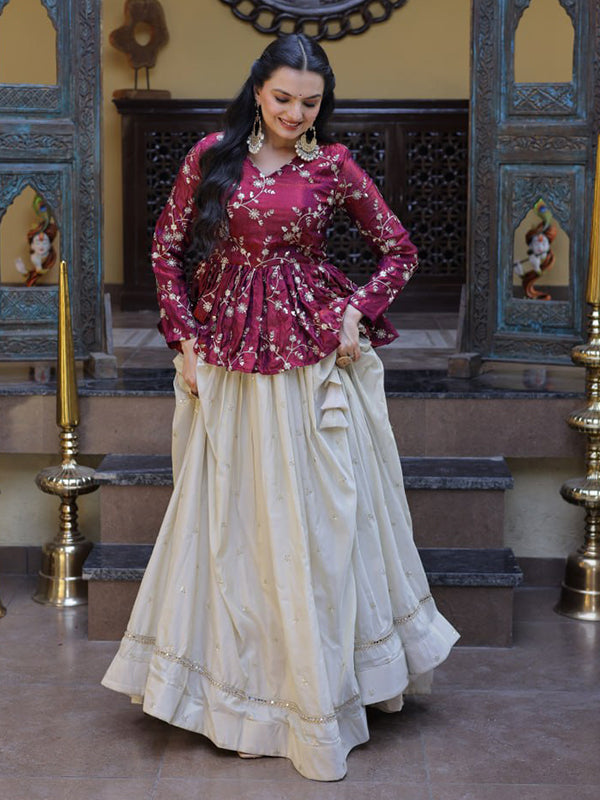 Wine Zari Embroidered Work Peplum Top With Off-White Cosmos Lehenga