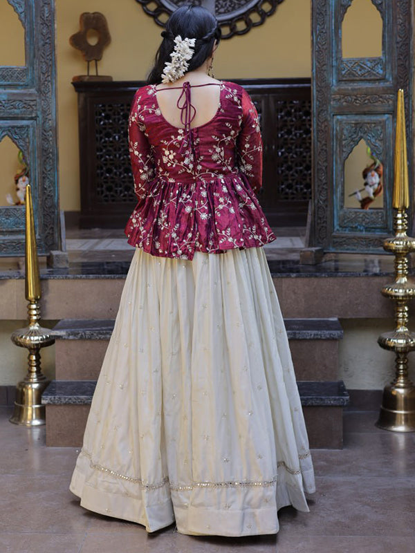 Wine Zari Embroidered Work Peplum Top With Off-White Cosmos Lehenga