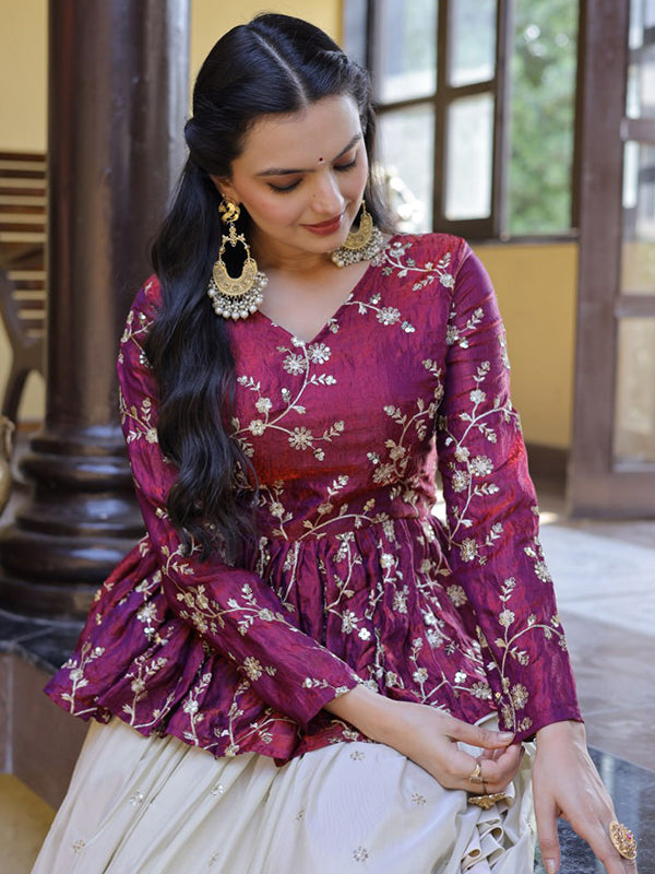 Wine Zari Embroidered Work Peplum Top With Off-White Cosmos Lehenga