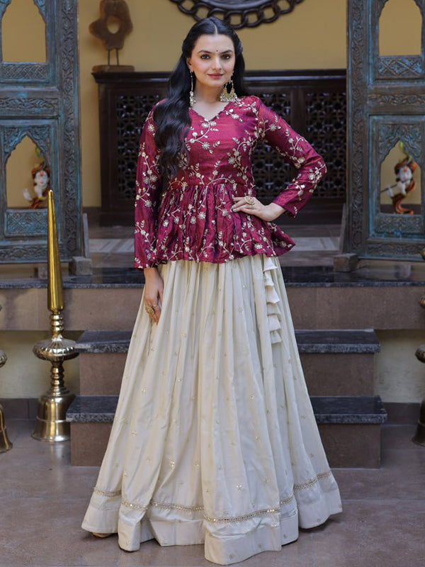 Wine Zari Embroidered Work Peplum Top With Off-White Cosmos Lehenga