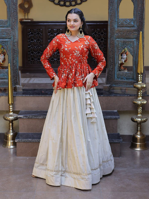 Red Zari Embroidered Work Peplum Top With Off-White Cosmos Lehenga