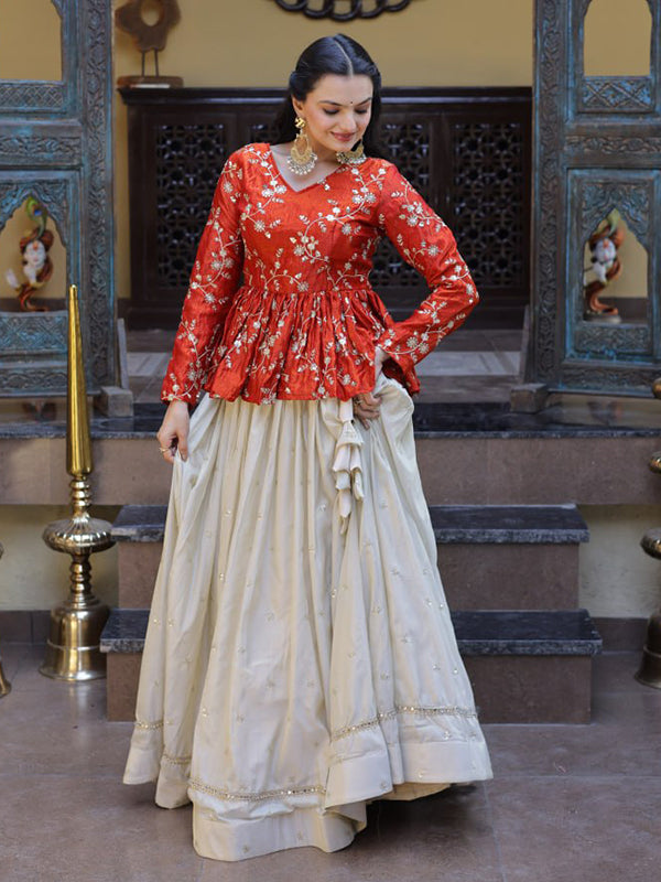 Red Zari Embroidered Work Peplum Top With Off-White Cosmos Lehenga