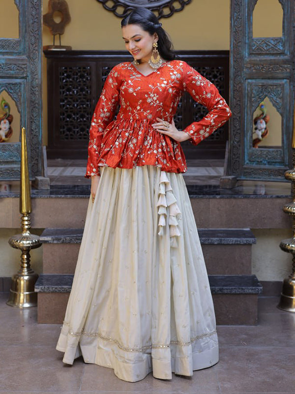 Red Zari Embroidered Work Peplum Top With Off-White Cosmos Lehenga