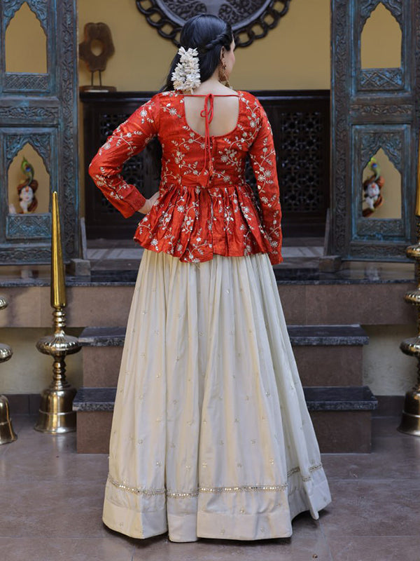 Red Zari Embroidered Work Peplum Top With Off-White Cosmos Lehenga