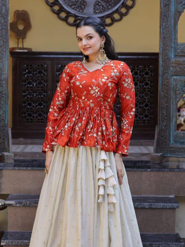 Red Zari Embroidered Work Peplum Top With Off-White Cosmos Lehenga