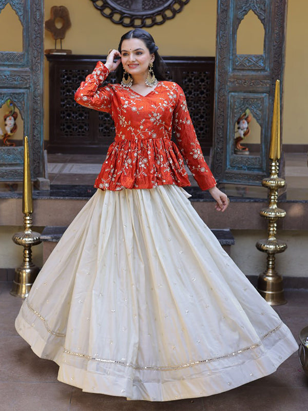 Red Zari Embroidered Work Peplum Top With Off-White Cosmos Lehenga