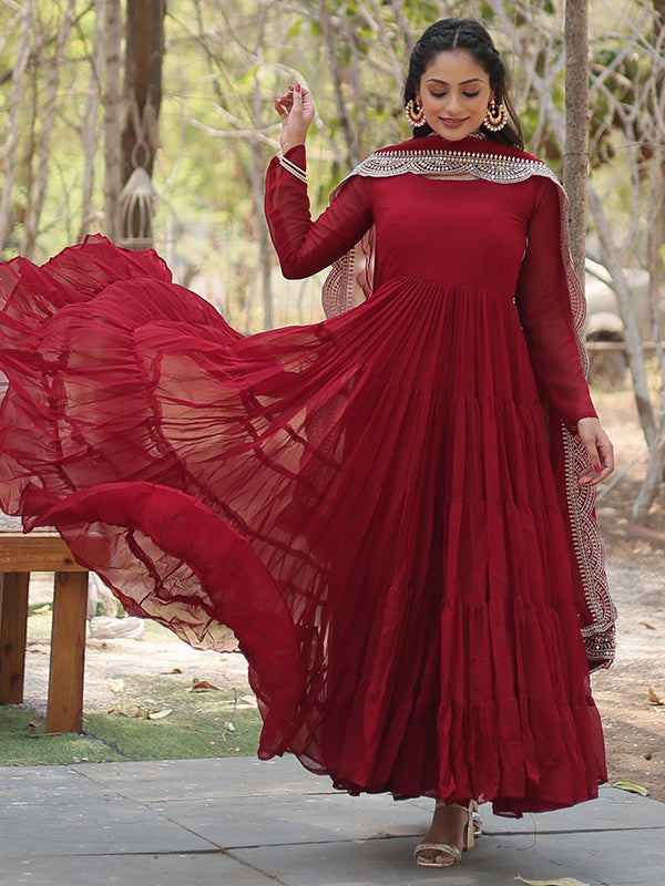 Maroon Faux Blooming Plain Gown With Sequins Work Dupatta