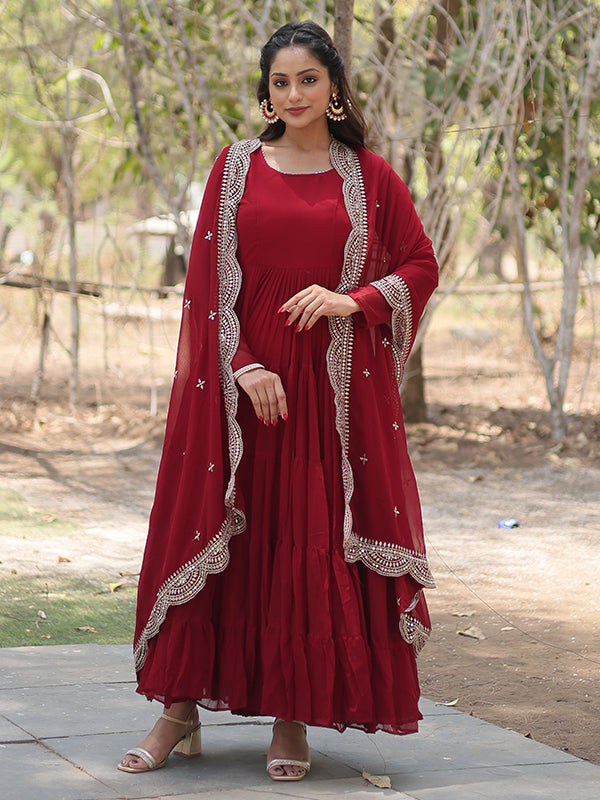 Maroon Faux Blooming Plain Gown With Sequins Work Dupatta