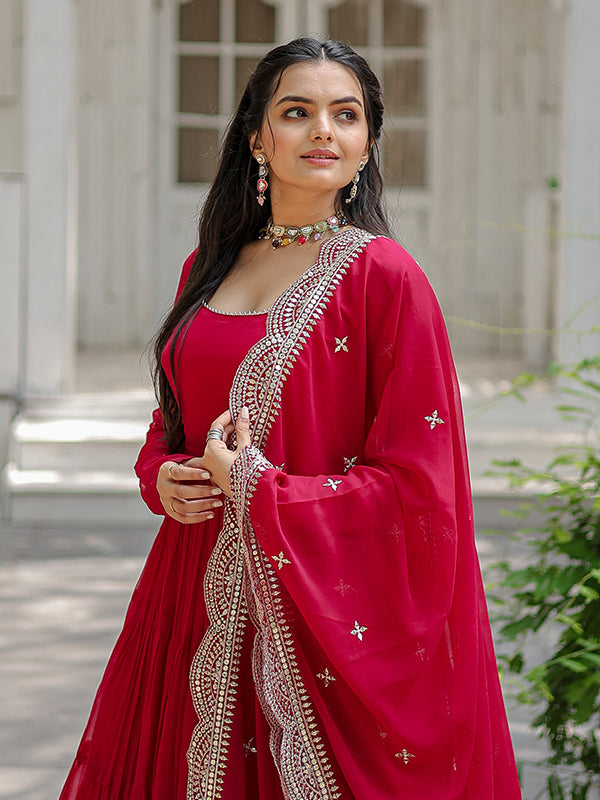 Pink Faux Blooming Plain Gown With Sequins Work Dupatta