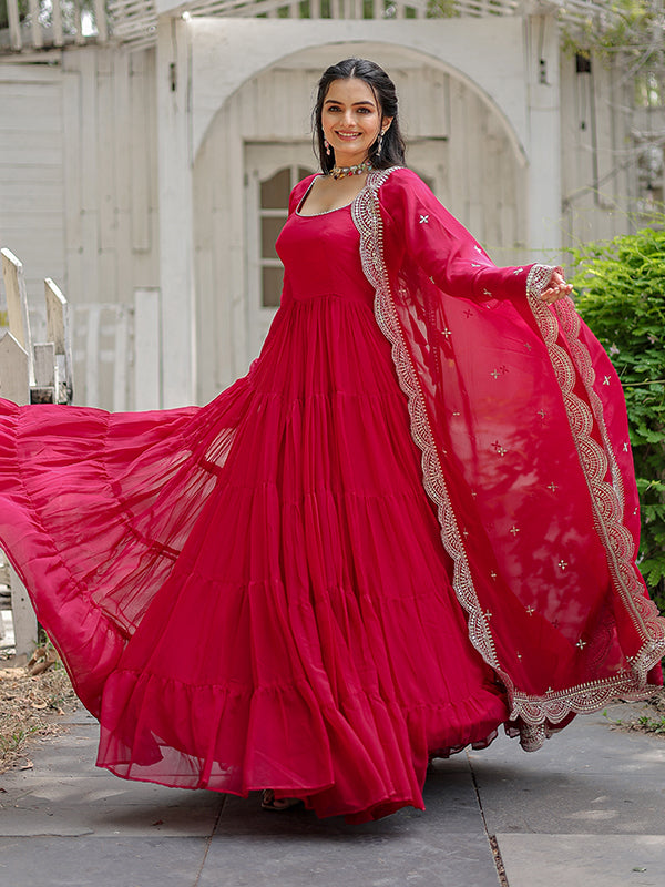Pink Faux Blooming Plain Gown With Sequins Work Dupatta
