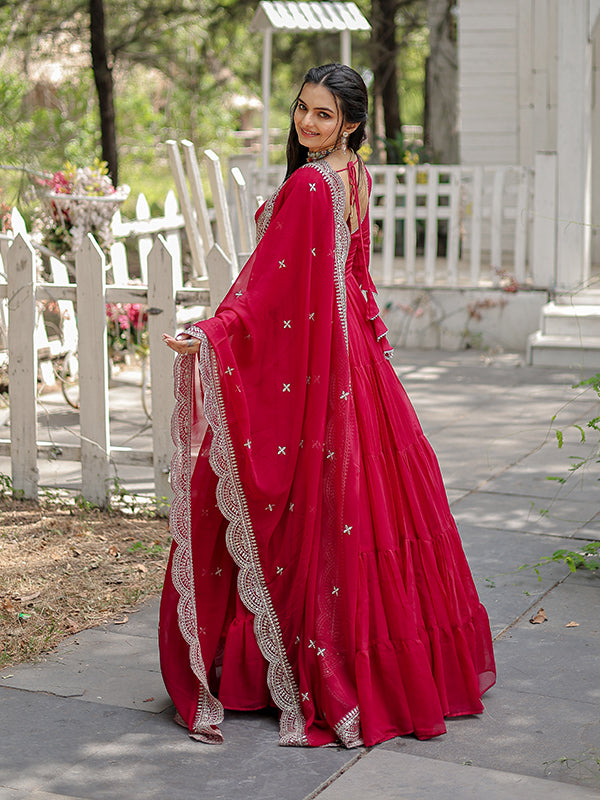 Pink Faux Blooming Plain Gown With Sequins Work Dupatta