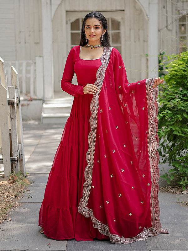 Pink Faux Blooming Plain Gown With Sequins Work Dupatta