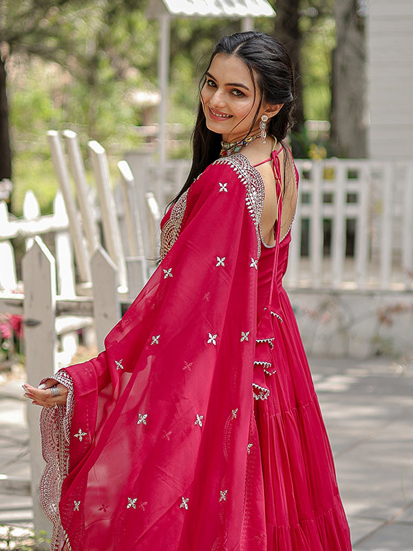 Pink Faux Blooming Plain Gown With Sequins Work Dupatta