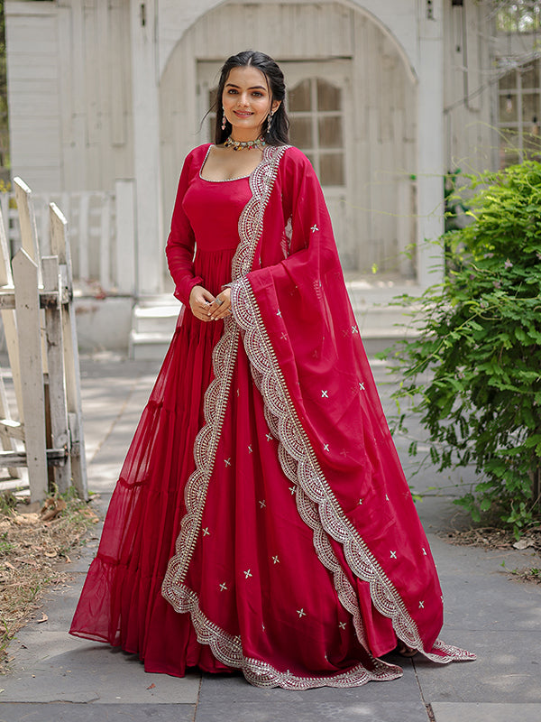Pink Faux Blooming Plain Gown With Sequins Work Dupatta