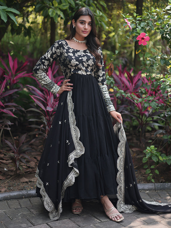 Black Viscose Sequins Embroidered Work Gown With Dupatta