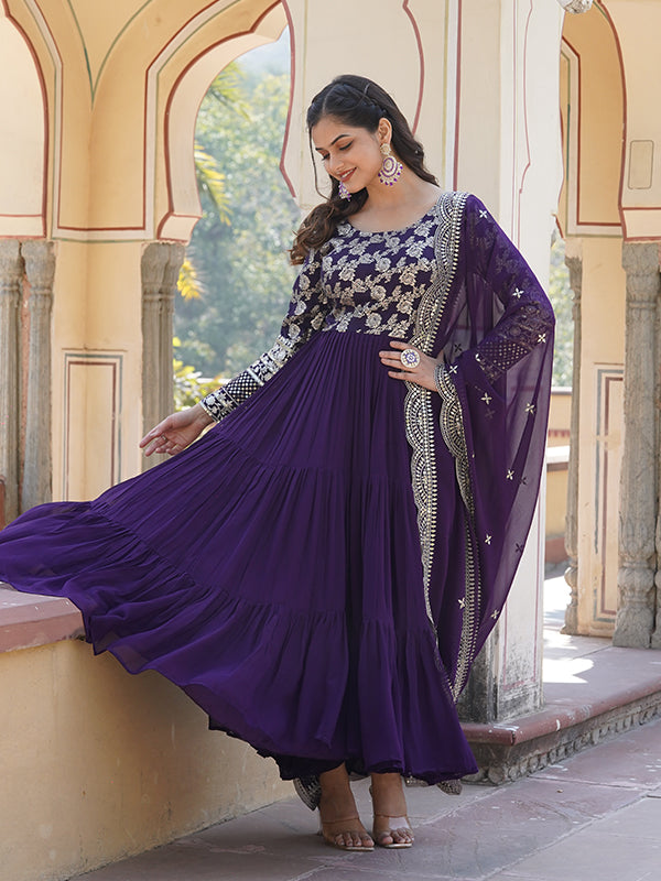 Purple Viscose Sequins Embroidered Work Gown With Dupatta