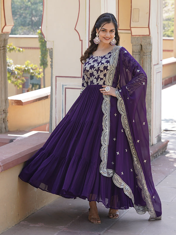 Purple Viscose Sequins Embroidered Work Gown With Dupatta