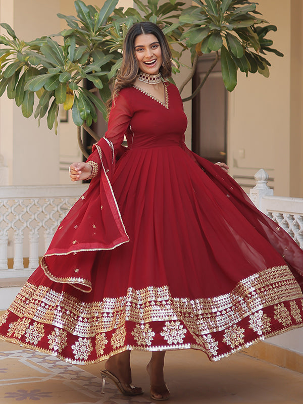 Maroon Sequins Work Lace Border Gown With Dupatta