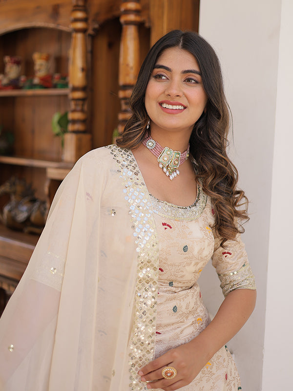 Beige Viscose Jacquerd Embroidered Kurta With Sharara & Dupatta