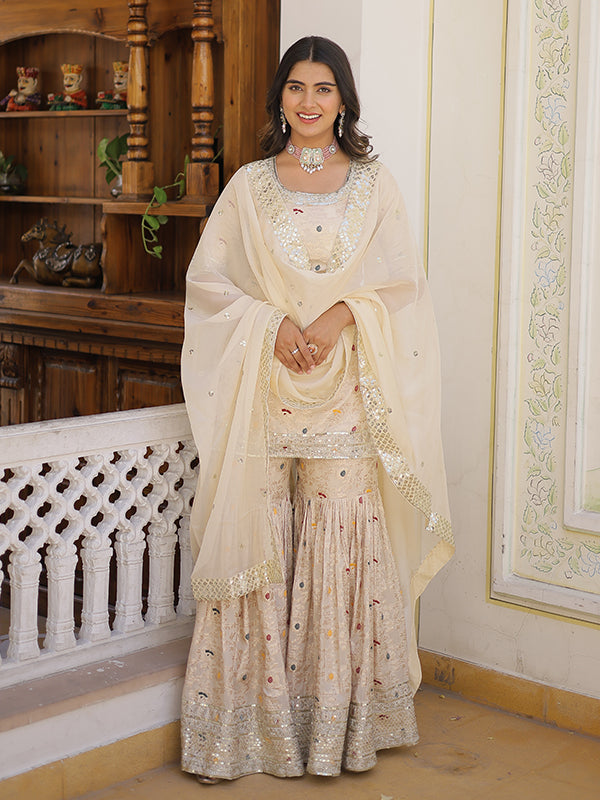 Beige Viscose Jacquerd Embroidered Kurta With Sharara & Dupatta