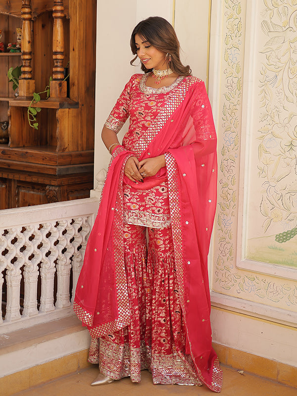 Pink Viscose Jacquard Embroidered Kurta With Sharara & Dupatta