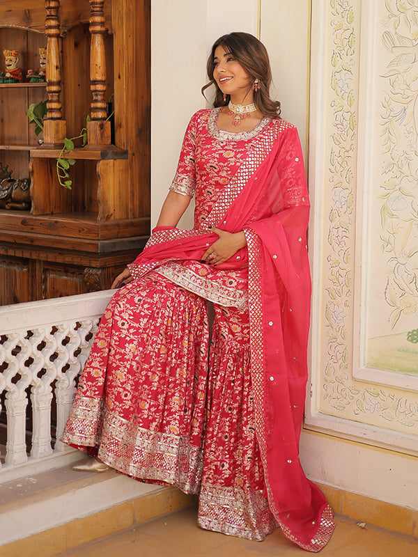 Pink Viscose Jacquard Embroidered Kurta With Sharara & Dupatta