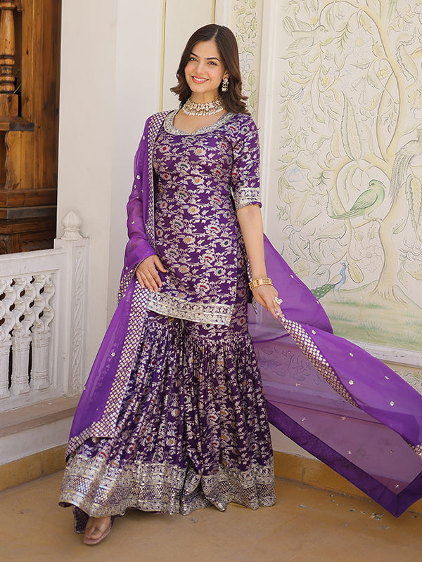 Purple Viscose Jacquerd Embroidered Kurta With Sharara & Dupatta