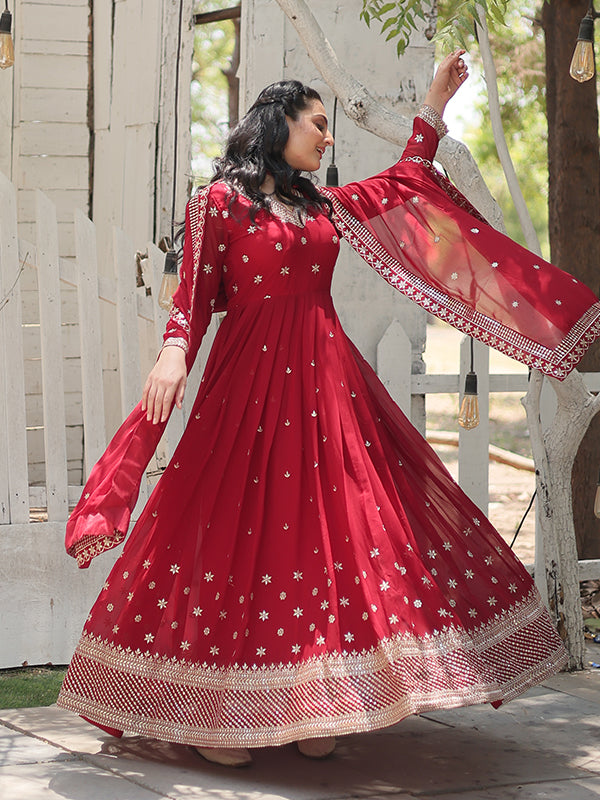 Maroon Faux Blooming Rich Sequins Heavy Gown With Dupatta