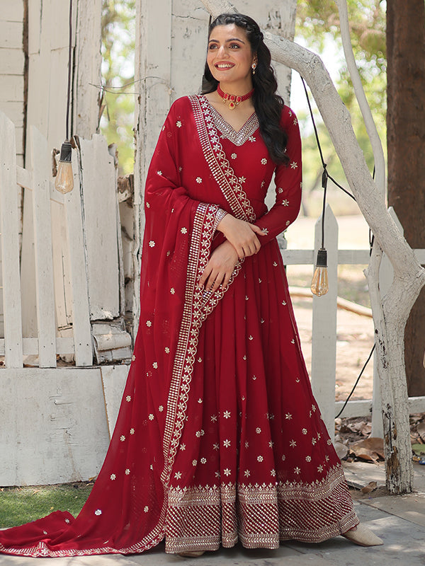 Maroon Faux Blooming Rich Sequins Heavy Gown With Dupatta