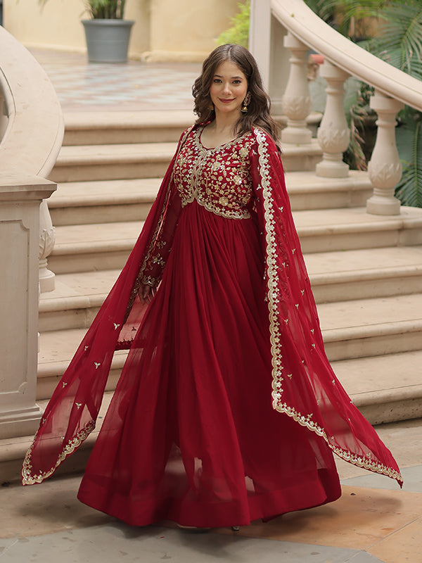 Maroon Zari Embroidered Work Faux Blooming Georgette Gown With Dupatta