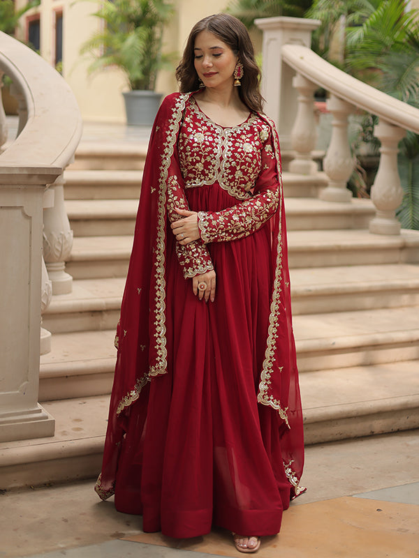 Maroon Zari Embroidered Work Faux Blooming Georgette Gown With Dupatta