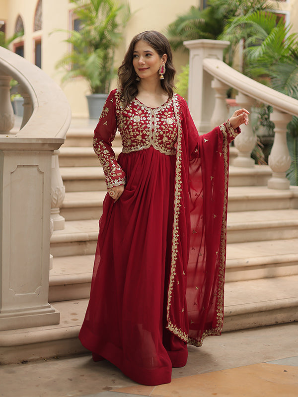 Maroon Zari Embroidered Work Faux Blooming Georgette Gown With Dupatta