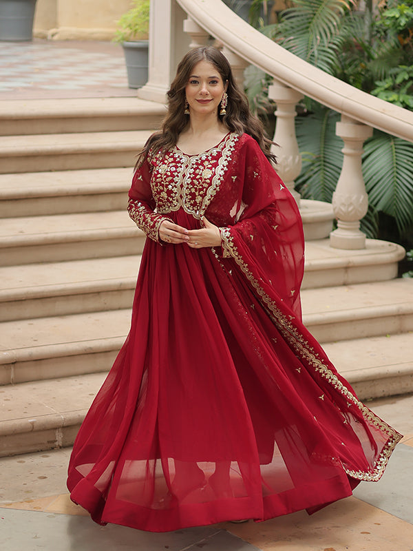 Maroon Zari Embroidered Work Faux Blooming Georgette Gown With Dupatta