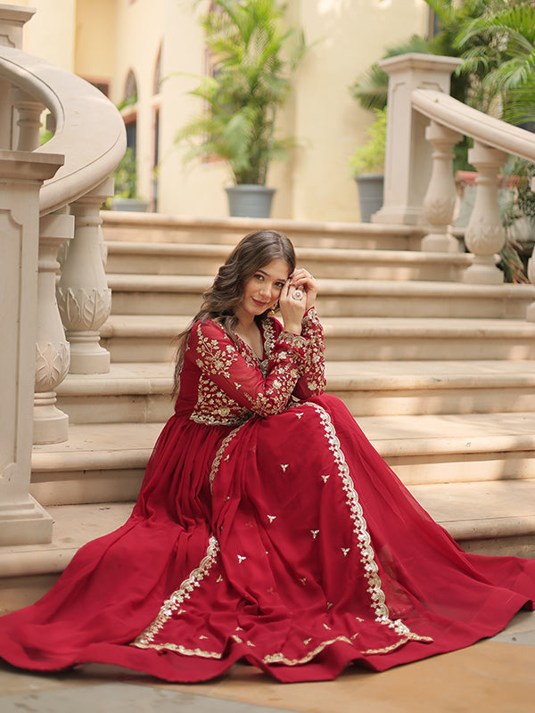 Maroon Zari Embroidered Work Faux Blooming Georgette Gown With Dupatta