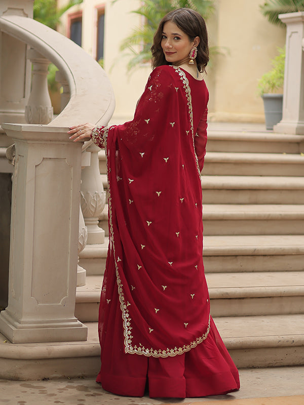 Maroon Zari Embroidered Work Faux Blooming Georgette Gown With Dupatta