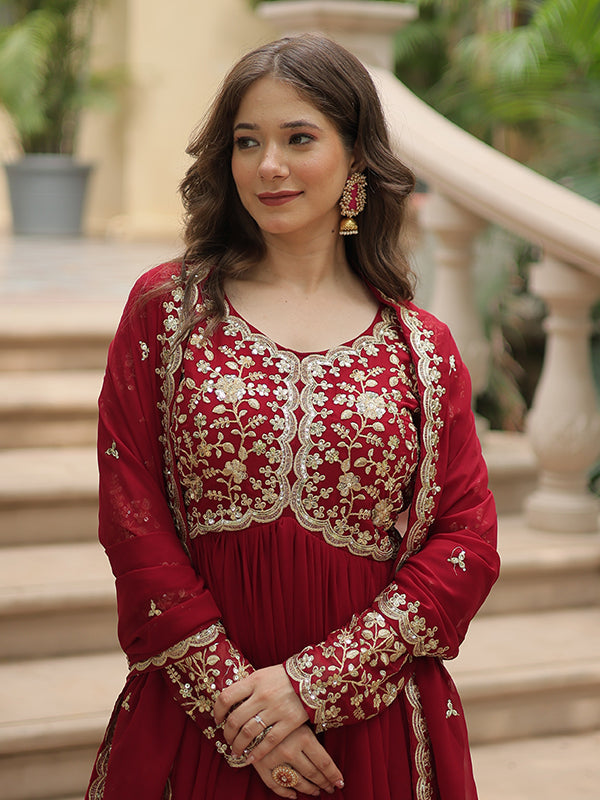 Maroon Zari Embroidered Work Faux Blooming Georgette Gown With Dupatta