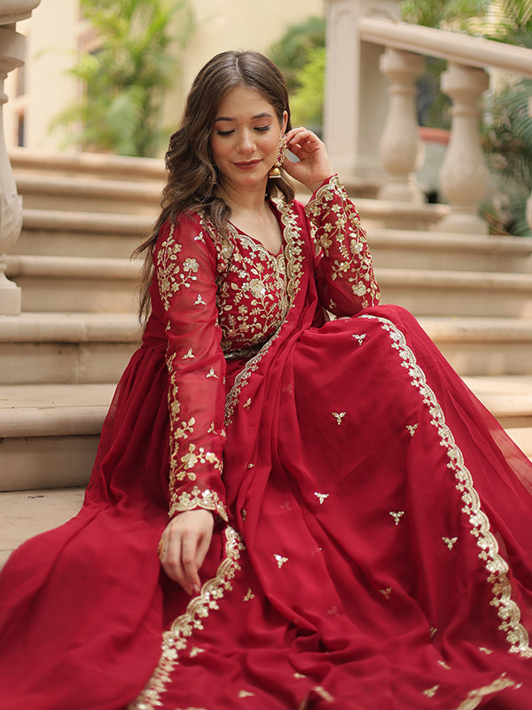 Maroon Zari Embroidered Work Faux Blooming Georgette Gown With Dupatta