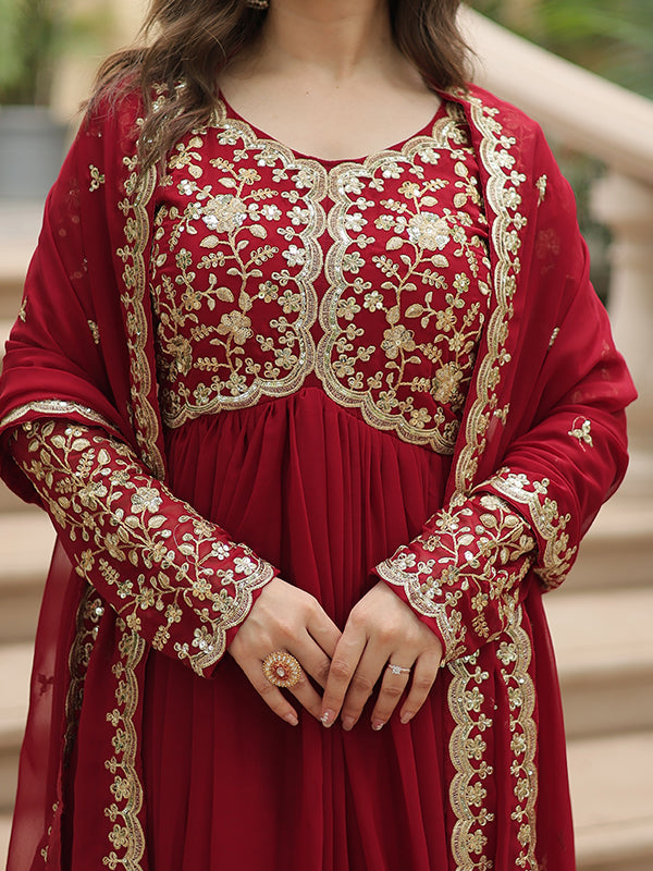 Maroon Zari Embroidered Work Faux Blooming Georgette Gown With Dupatta