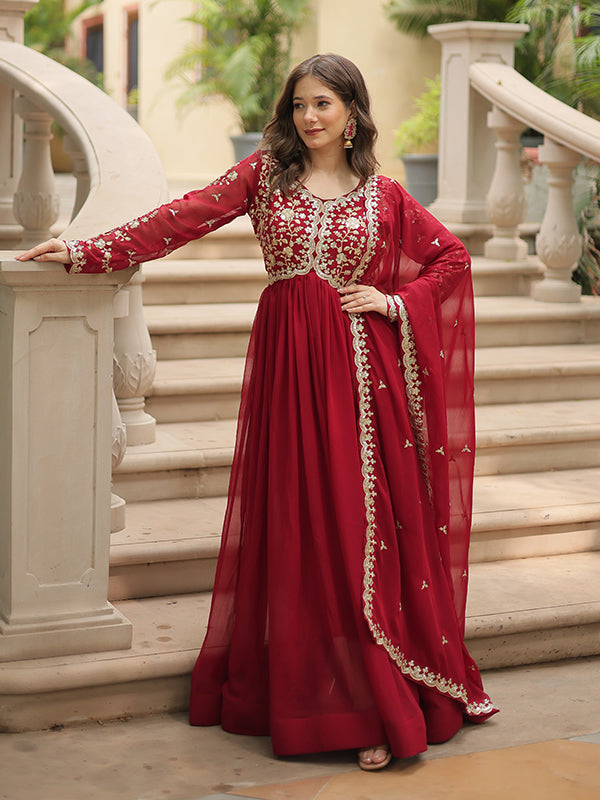 Maroon Zari Embroidered Work Faux Blooming Georgette Gown With Dupatta