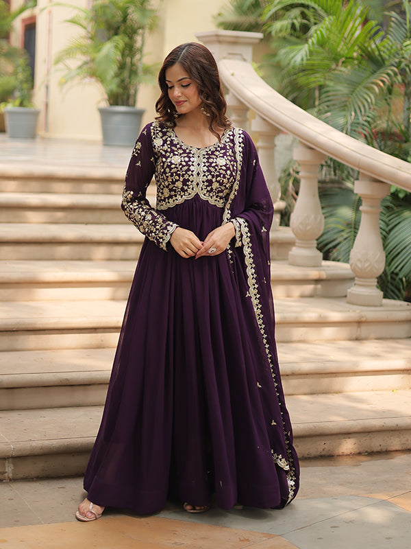 Wine Zari Embroidered Work Faux Blooming Georgette Gown With Dupatta