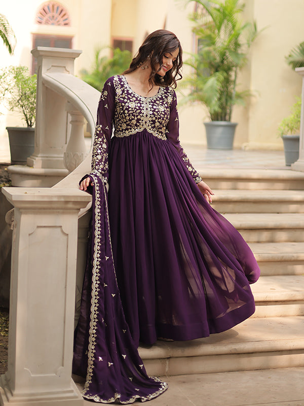 Wine Zari Embroidered Work Faux Blooming Georgette Gown With Dupatta