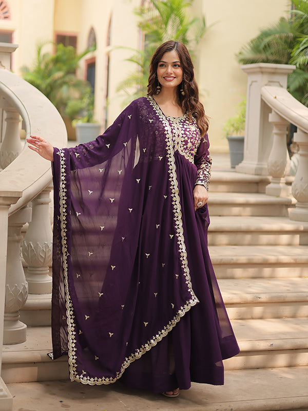 Wine Zari Embroidered Work Faux Blooming Georgette Gown With Dupatta