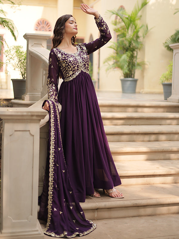 Wine Zari Embroidered Work Faux Blooming Georgette Gown With Dupatta
