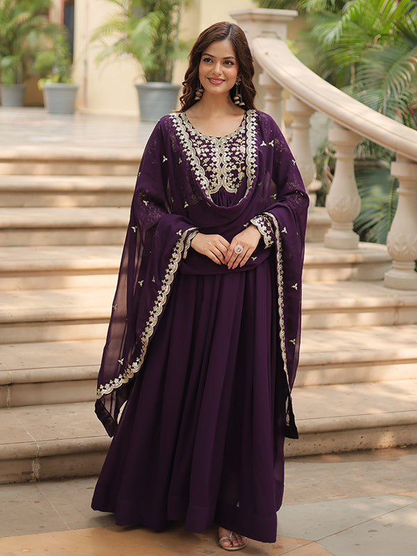 Wine Zari Embroidered Work Faux Blooming Georgette Gown With Dupatta