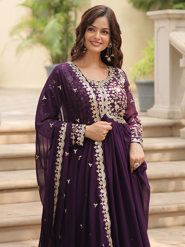 Wine Zari Embroidered Work Faux Blooming Georgette Gown With Dupatta