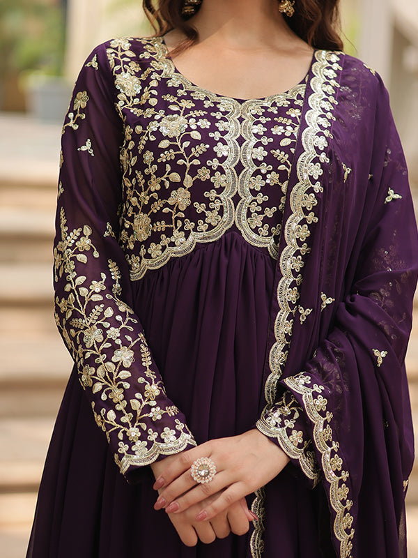 Wine Zari Embroidered Work Faux Blooming Georgette Gown With Dupatta