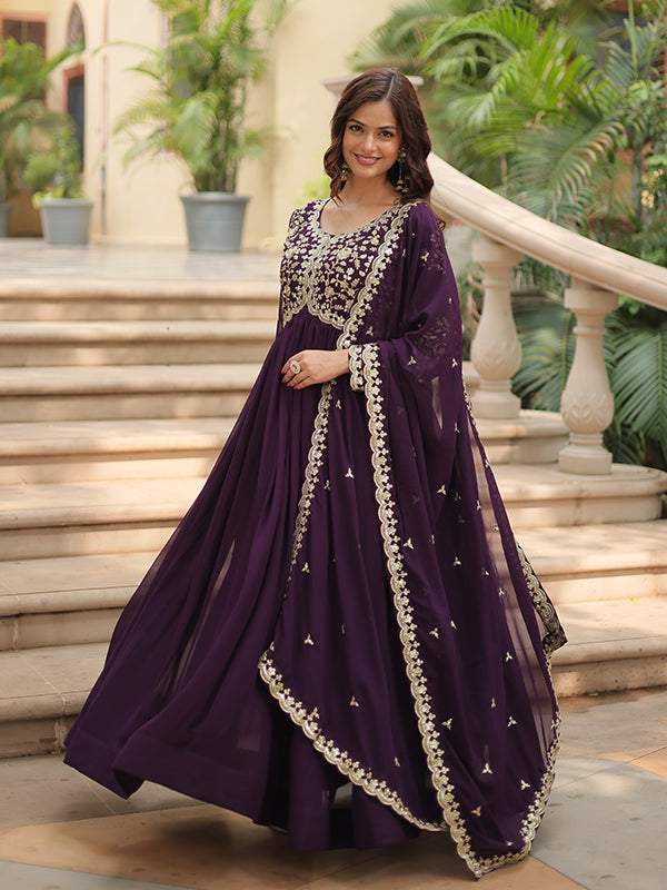 Wine Zari Embroidered Work Faux Blooming Georgette Gown With Dupatta
